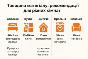 Рекомендуемая толщина звукоизоляции для комнат: спальня, кухня, детская, прачечная, гостиная